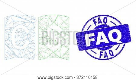 Web Mesh Currency Handbook Pictogram And Faq Seal. Blue Vector Rounded Distress Seal With Faq Phrase