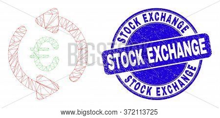 Web Mesh Update Euro Pictogram And Stock Exchange Watermark. Blue Vector Round Distress Watermark Wi