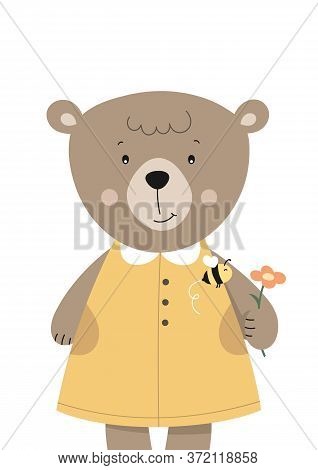 Cute Bear And Bee On Flower. Woodland Animal. Poster For Baby Room. Childish Print For Nursery. Desi