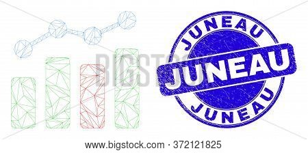 Web Mesh Trend Chart Icon And Juneau Seal Stamp. Blue Vector Rounded Textured Watermark With Juneau 