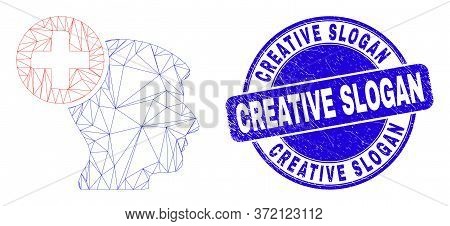 Web Mesh Head Medicine Icon And Creative Slogan Stamp. Blue Vector Round Distress Seal Stamp With Cr