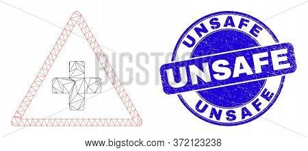 Web Carcass Medical Warning Triangle Pictogram And Unsafe Seal Stamp. Blue Vector Rounded Distress S