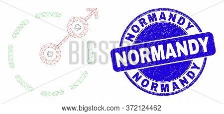 Web Mesh Radial Escape Border Icon And Normandy Stamp. Blue Vector Round Grunge Stamp With Normandy 