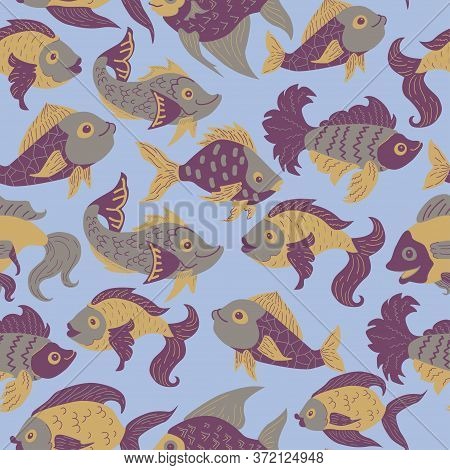 Seamless Pattern Of Freshwater Aquarium Cartoon Fishes. Vector Illustration In Sketch Style. Design 