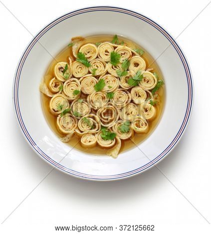 austrian and south germany sliced pancake soup, frittatensuppe, pfannkuchensuppe