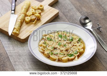 austrian and south germany sliced pancake soup, frittatensuppe, pfannkuchensuppe
