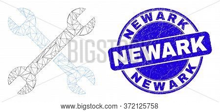 Web Mesh Wrenches Pictogram And Newark Stamp. Blue Vector Rounded Grunge Stamp With Newark Phrase. A