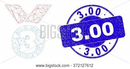 Web Carcass Third Place Award Pictogram And 3.00 Stamp. Blue Vector Round Distress Seal Stamp With 3