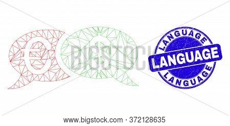 Web Mesh Financial Chat Messages Pictogram And Language Watermark. Blue Vector Round Grunge Watermar