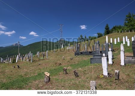 Jablanica, Bosnia And Herzegovina - June 29, 2019: Islamic Cemetery In Jablanica, Bosnia And Herzego