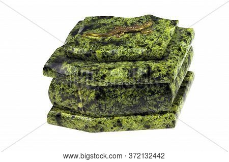 Serpentine Box Isolated. A Casket Made Of Natural Stone. Green Casket From Stone Coil. An Ophite Cas