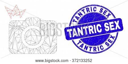 Web Carcass Photo Flash Pictogram And Tantric Sex Seal Stamp. Blue Vector Rounded Grunge Seal With T