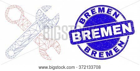 Web Carcass Wrenches Icon And Bremen Seal Stamp. Blue Vector Rounded Scratched Watermark With Bremen