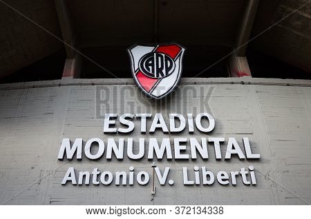 Buenos Aires, Argentina - January, 2020: River Place Football Club Emblem On A Home Stadium Called E