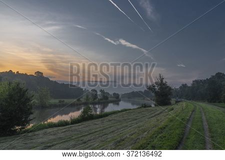 Fog And River Dyje With Orange Sunrise Near Bulhary Village Before Sunrise