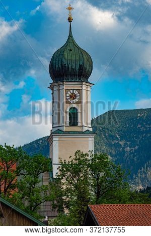 Church In The Historic District Of Oberammergau In Bavaria. High Quality Photo