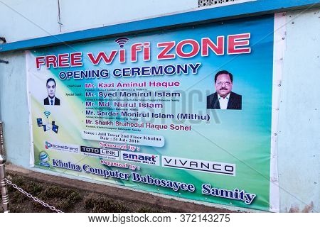 Khulna, Bangladesh - November 16, 2016: Free Wifi Zone Poster On A Wall In Khulna, Bangladesh