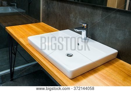 Washstand In Modern And Contemporary Bathroom Detail In A Luxury Home, Tap Chrome Faucet Washstand