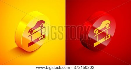 Isometric Repair Car On A Lift Icon Isolated On Orange And Red Background. Repair Of The Underbody, 