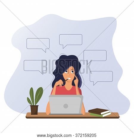 Freelancer Girl With Speech Bubbles, Laptop, Workplace, Idea Concept