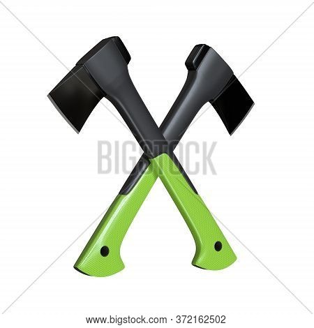 Two Crossed Axe On The White Background. Axe With Fibreglass Handle. Lumberjack Ax. Axe Tool. 3d Ren