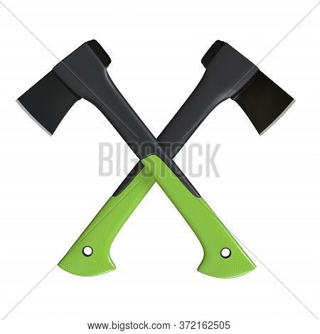 Two Crossed Axe On The White Background. Axe With Fibreglass Handle. Lumberjack Ax. Axe Tool.  3d Re