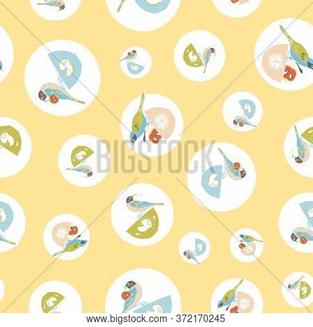 Vintage Kitchen Seamless Polka Dot Pattern, Cute Birds And Bowl, Trendy Design On Textured Blue Back