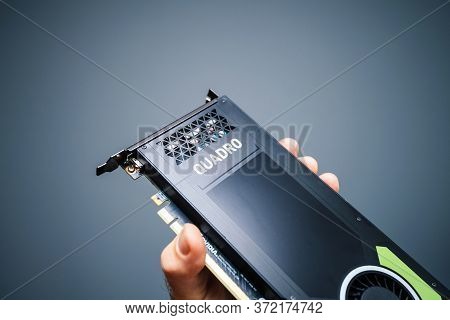 Paris, France - Sep 30, 2019: Pov Male Hand Showing Demonstrating New Professional Nvidia Quadro P40