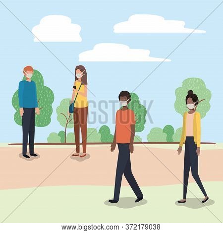 Social Distancing Between Boys And Girls With Masks At Park Design Of Covid 19 Virus Theme Vector Il