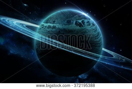 Planet Saturn In Blue Light, Background, Abstract Space 3d Illustration, 3d Image, 3d Rendering,