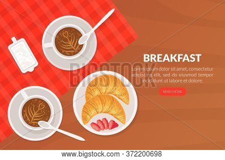 Breakfast Landing Page Template, Top View Of Salad Offee And Croissants On Wooden Surface Web Page, 