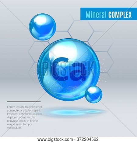 Mineral Ca Calcium Blue Shining Pill Capcule Icon . Mineral Vitamin Complex With Chemical Formula . 