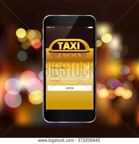 Taxi Service Application On A Screen Urban Cityscape. Smart Taxi Service Concept, Yellow Cab, Car Wi