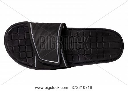 Close-up Of A Single Of Black Rubber Sandals Or Slippers For The Shower Swimming Pool Or Beach With 
