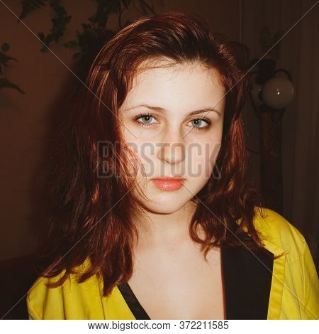 Simple American Student Girl In A Hostel. The Life Of Students And Young People And Their Behavior A