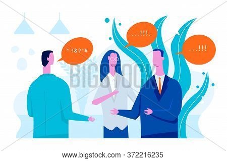 Interpreter Vector Concept Flat Illustration With Businessman And Woman Translator.