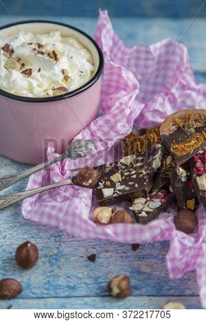 Kraft Chocolate With Different Tastes And Aromatic Coffee On The Table