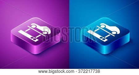 Isometric Repair Car On A Lift Icon Isolated On Blue And Purple Background. Repair Of The Underbody,