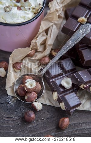 Kraft Chocolate With Different Tastes And Aromatic Coffee On The Table
