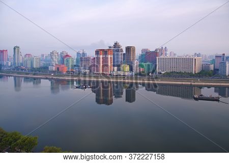 Pyongyang, North Korea -  April 30, 2019: Skyline And Taedong River In The Morning Fog. View On Mode