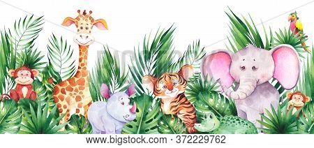 Seamless Horizontal Border With Cute African Cartoon Animals. Little Giraffe, Elephant, Tiger And Rh