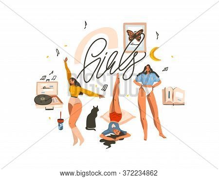 Hand Drawn Vector Abstract Stock Flat Graphic Illustration With Young Happy Beauty Women Dancing And