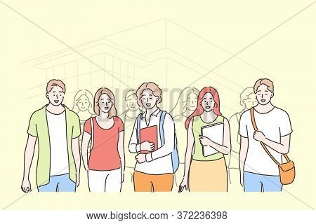 Education, Study, Friendship, Meeting, University Concept. Group Of Young Men Women Boys Girls Colle