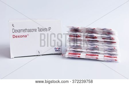 Maski, India - June 06,2020 : Dexamethasone Steroid Drug Or Tablets On Isolated Background