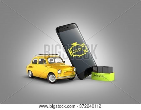 Car Diagnostic Concept Close Up Of Obd2 Wireless Scanner With Smartphone And Retro Car On Gray Gradi