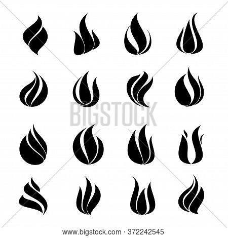 Icon Black Set Fire On White Background, Vector Illustration