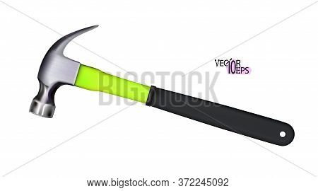 Modern Steel Realistic Hammer With Lemon Color Handle Of Fiberglass Covered With Rubber. Work Tool I