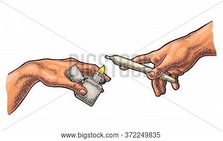 Males Hands Holding Metal Handle Lighter Open With Flame And Cigarette With Marijuana. Section Fresc