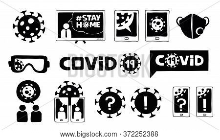 Set Of Handmade Coronavirus Icons In Black On White Background