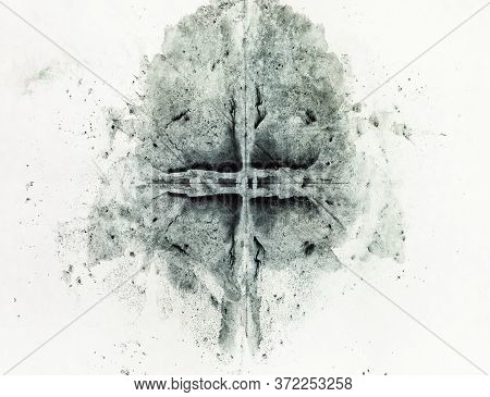 Minimalist Art - Abstract Symmetric Monotyping Painting Handcrafted With Black Watercolor On Old Pap